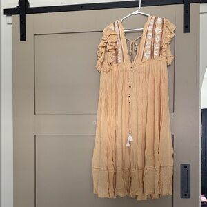 Free People Peach Embroidered Ruffle Sleeve Dress